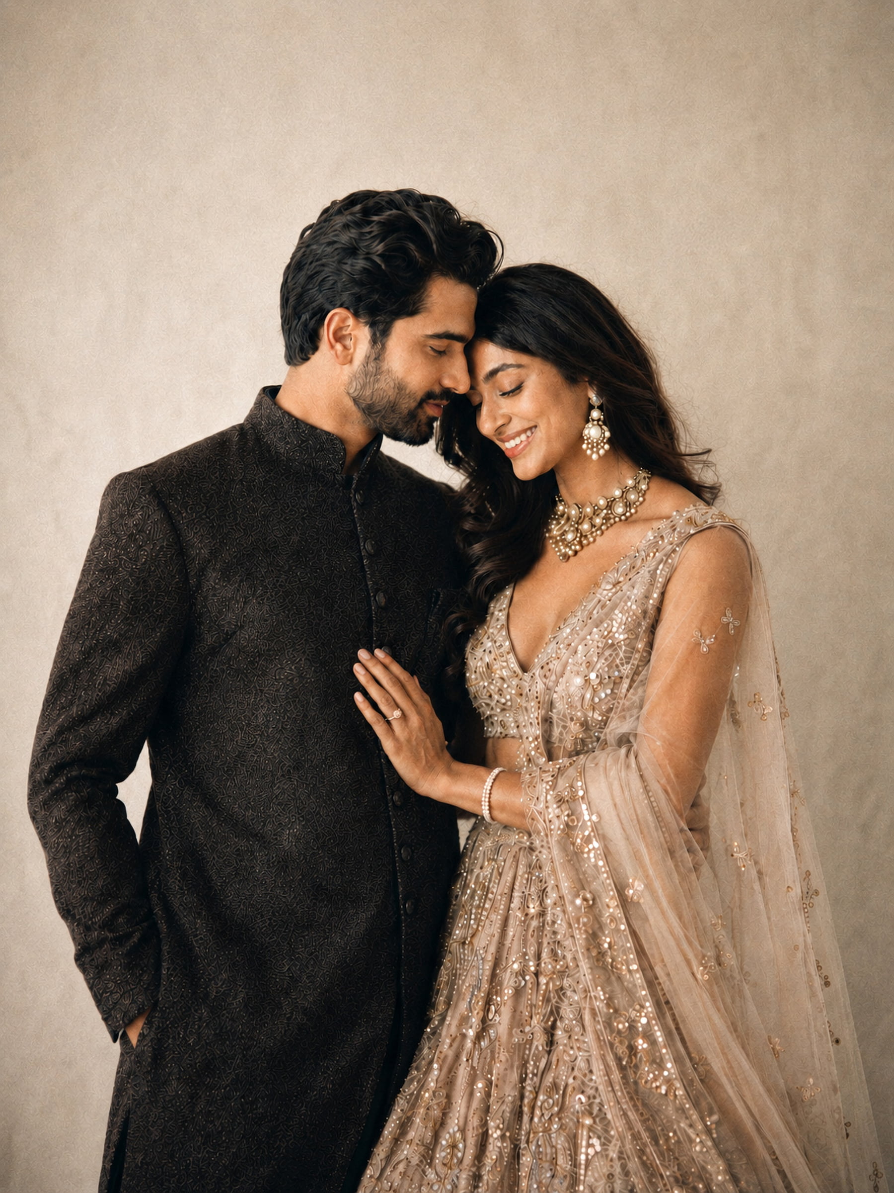 A couple leaning together in black and champagne wedding attire against a softly textured wall