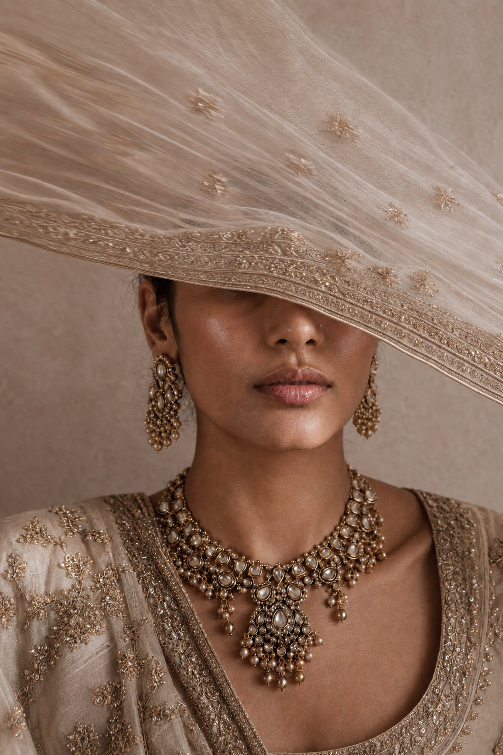 An embroidered champagne veil frames a bride’s face