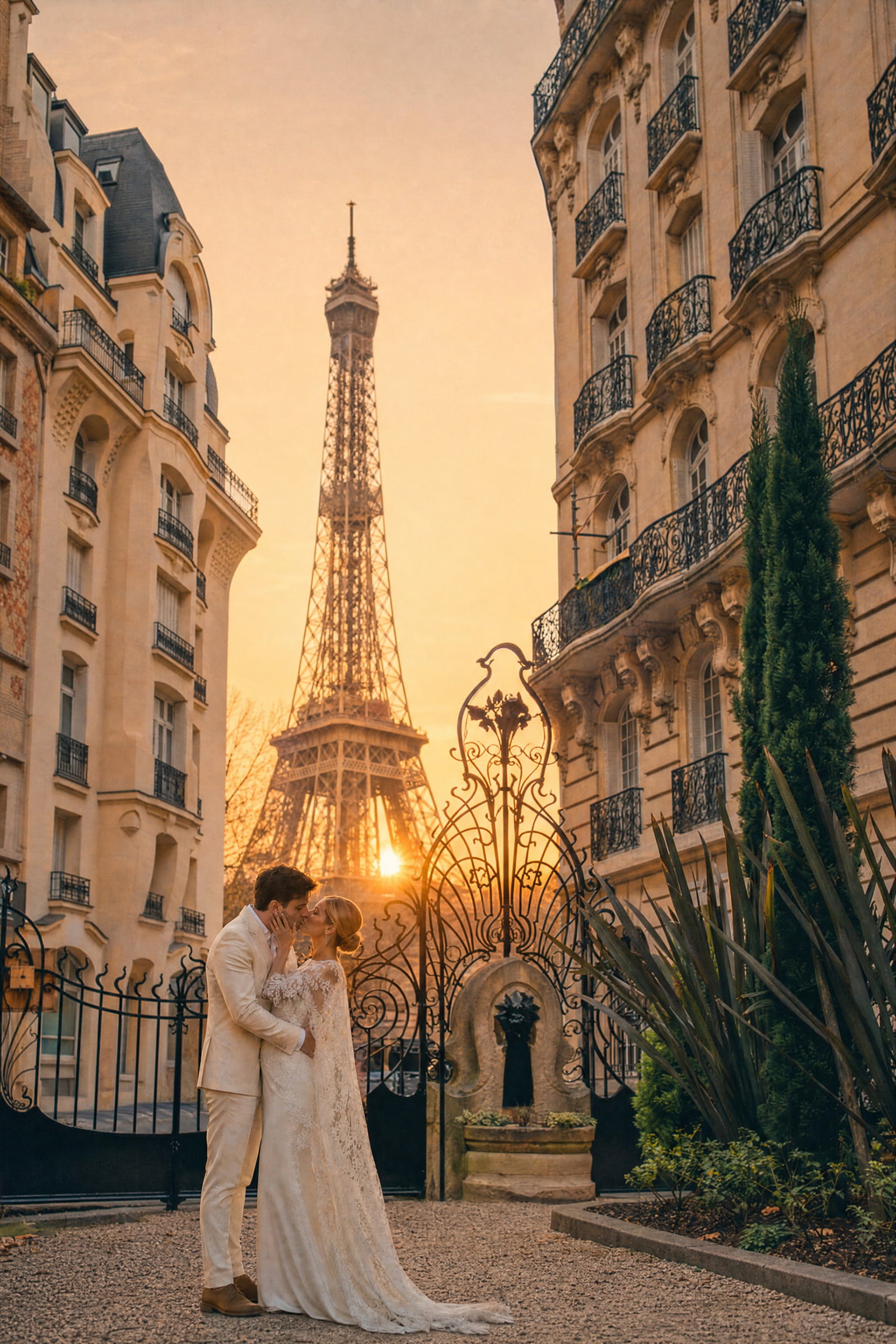 A wedding couple in warm light on a Paris street with the Eiffel Tower behind them