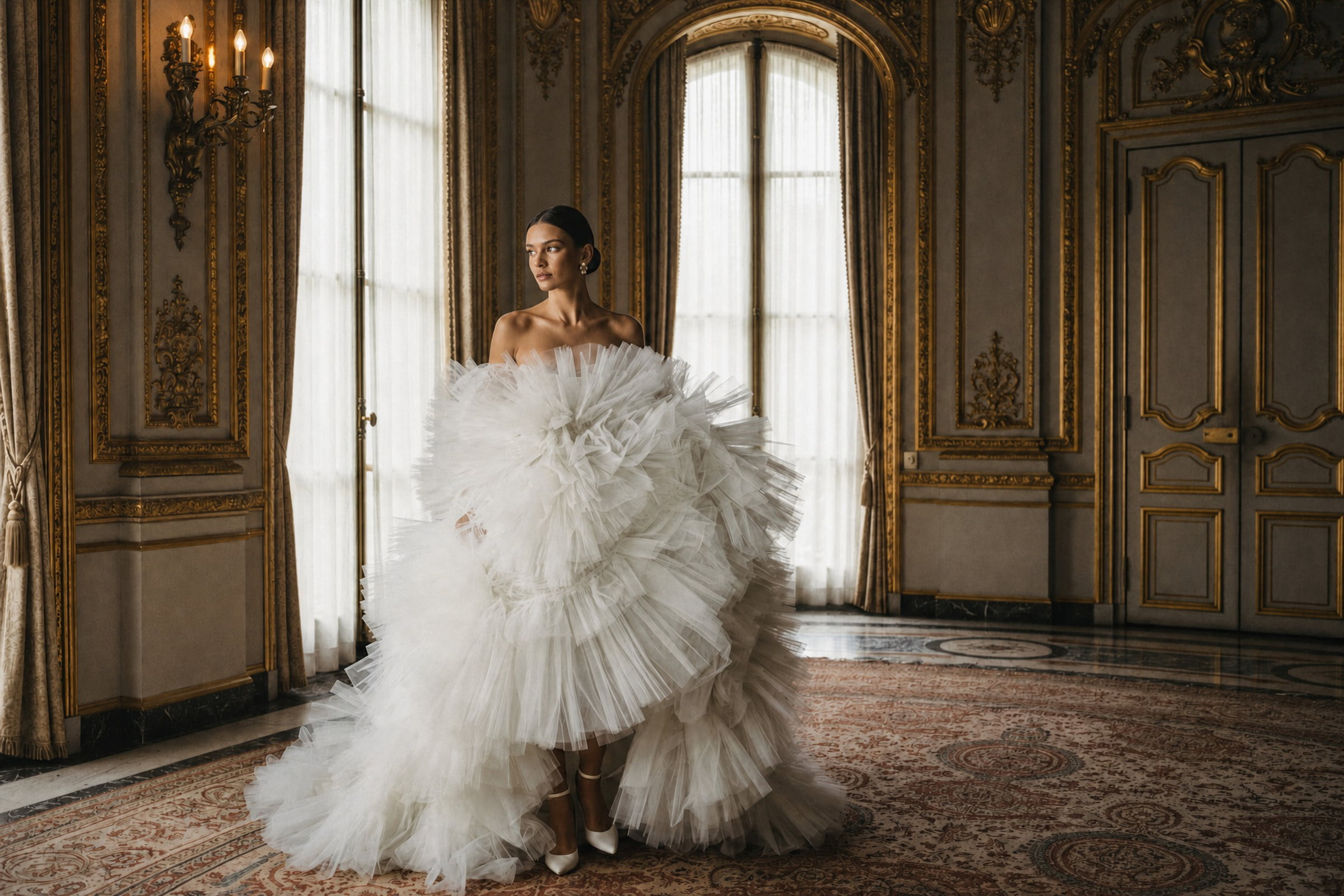A bride in a sculptural wedding gown in an ornate, sunlit room